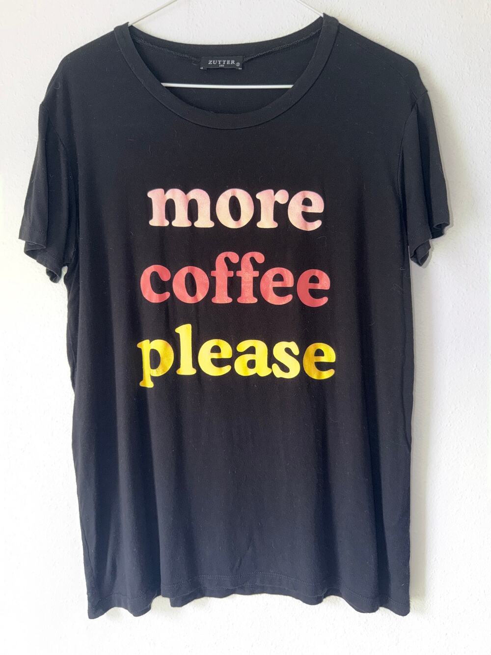 $5/25 Black Graphic Print "More Coffee Please" Colorful Short Sleeve Tee Size S